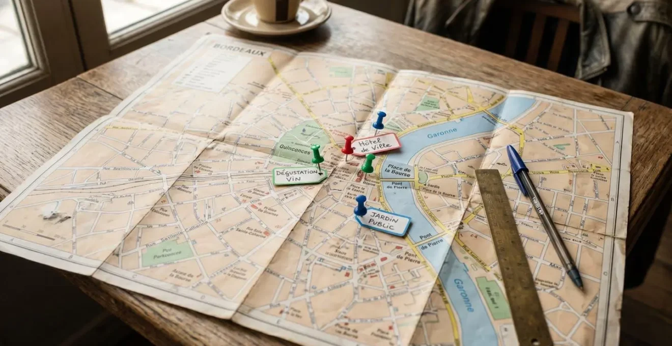 Carte topographique d'une ville française avec épingles colorées et outils de traçage sur table en bois
