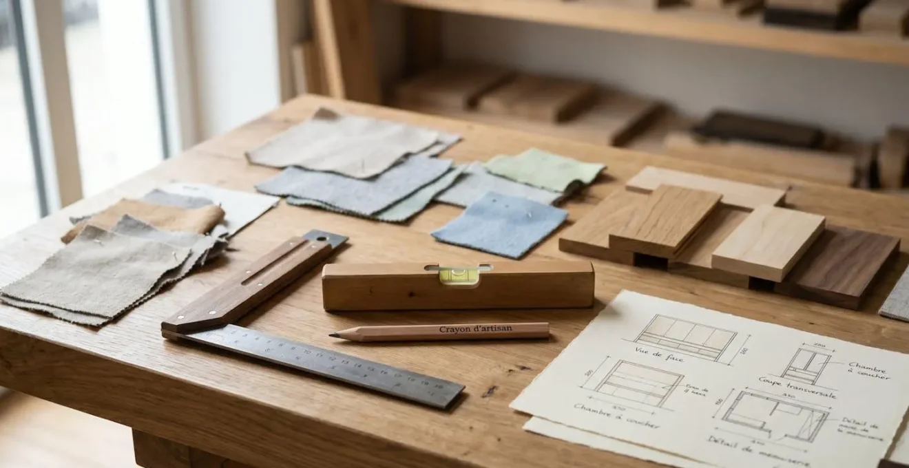 Établi en bois avec outils de traçage, nuanciers de tissus et échantillons de matériaux dans un atelier lumineux
