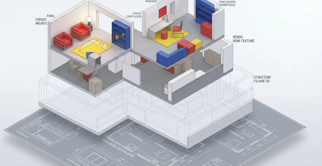 Illustration isométrique en 4 couches montrant les étapes de transformation d'un espace intérieur, du plan technique à l'aménagement finalisé