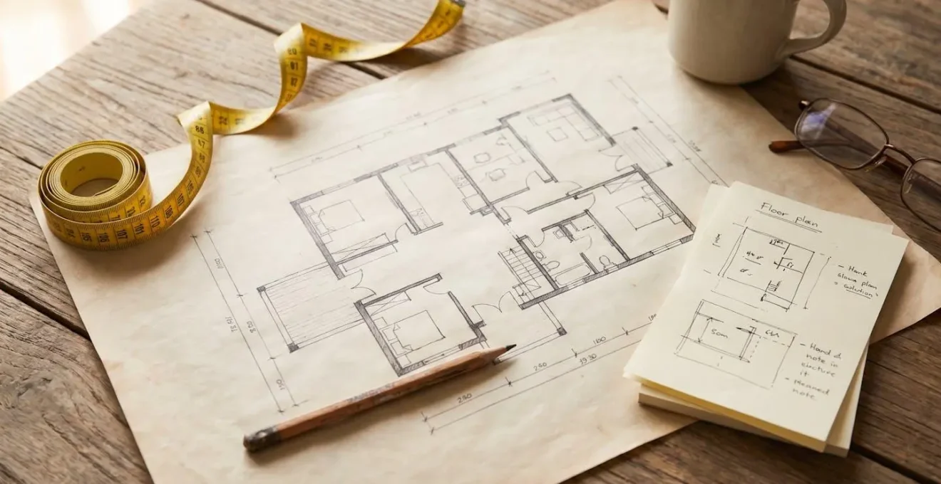 Vue de dessus d'une table avec un plan de maison déroulé, un mètre ruban et des notes manuscrites sur les zones à rénover