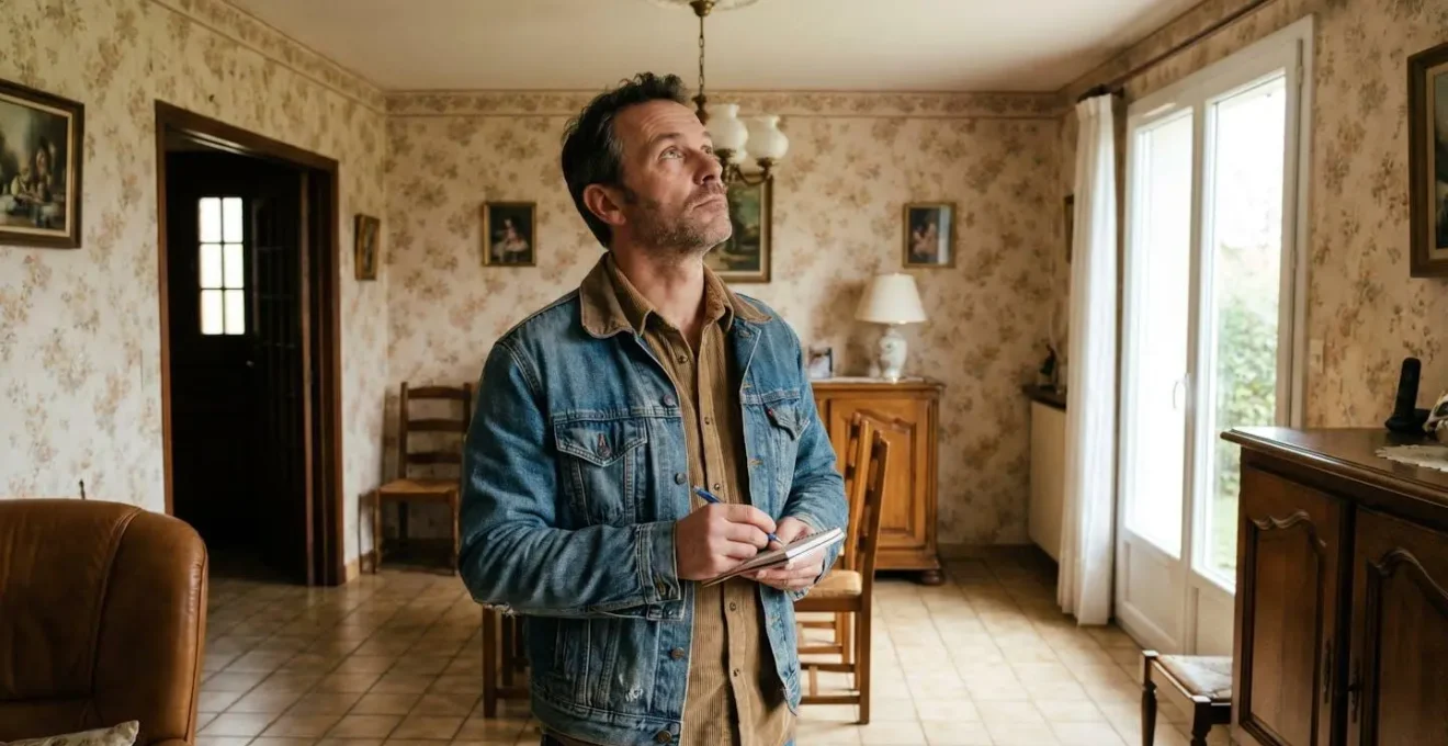 Propriétaire debout dans un salon aux murs anciens, carnet de notes en main, observant les volumes de sa maison avant travaux