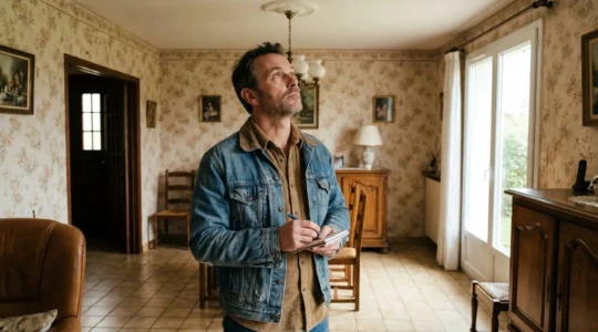 Propriétaire debout dans un salon aux murs anciens, carnet de notes en main, observant les volumes de sa maison avant travaux