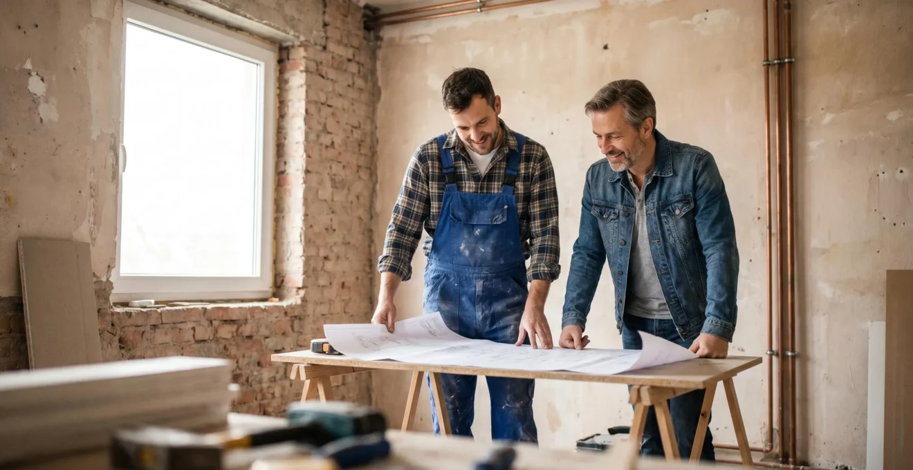 Un artisan et un propriétaire debout dans une pièce en travaux, consultant ensemble un document de devis sur papier