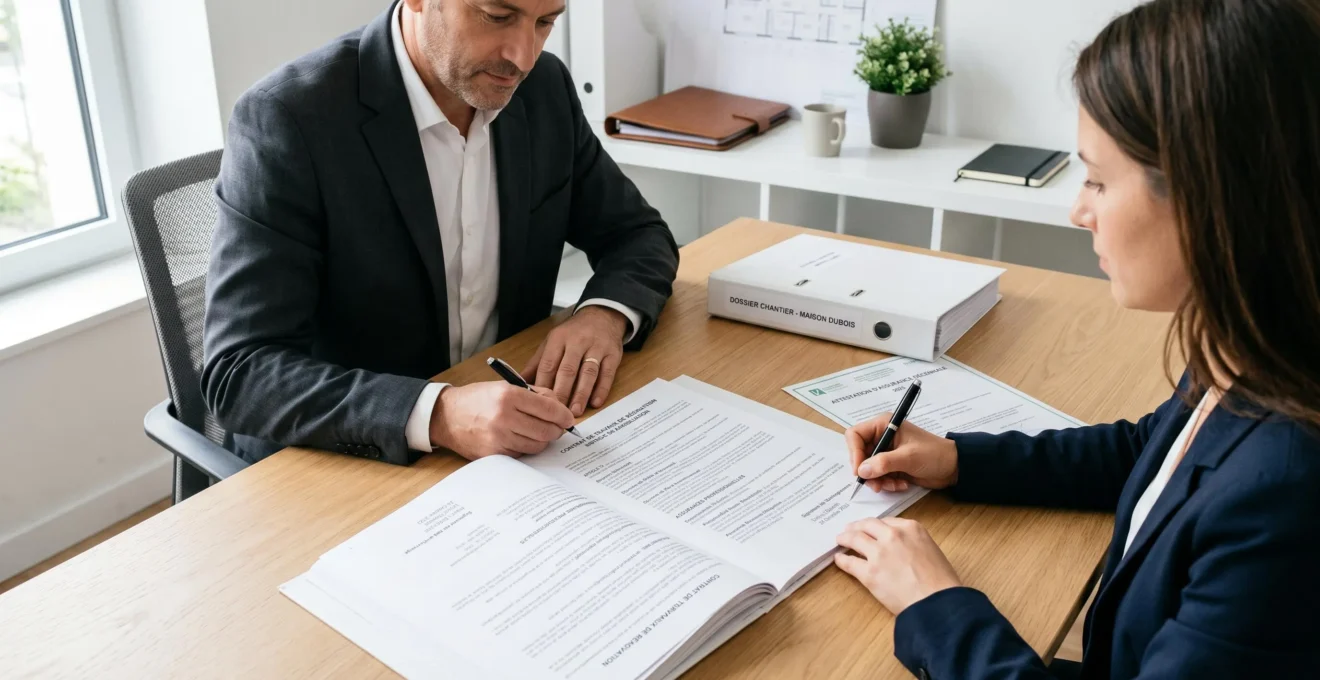 Contrat de travaux ouvert sur bureau avec clauses de garanties et documents d'assurance visible