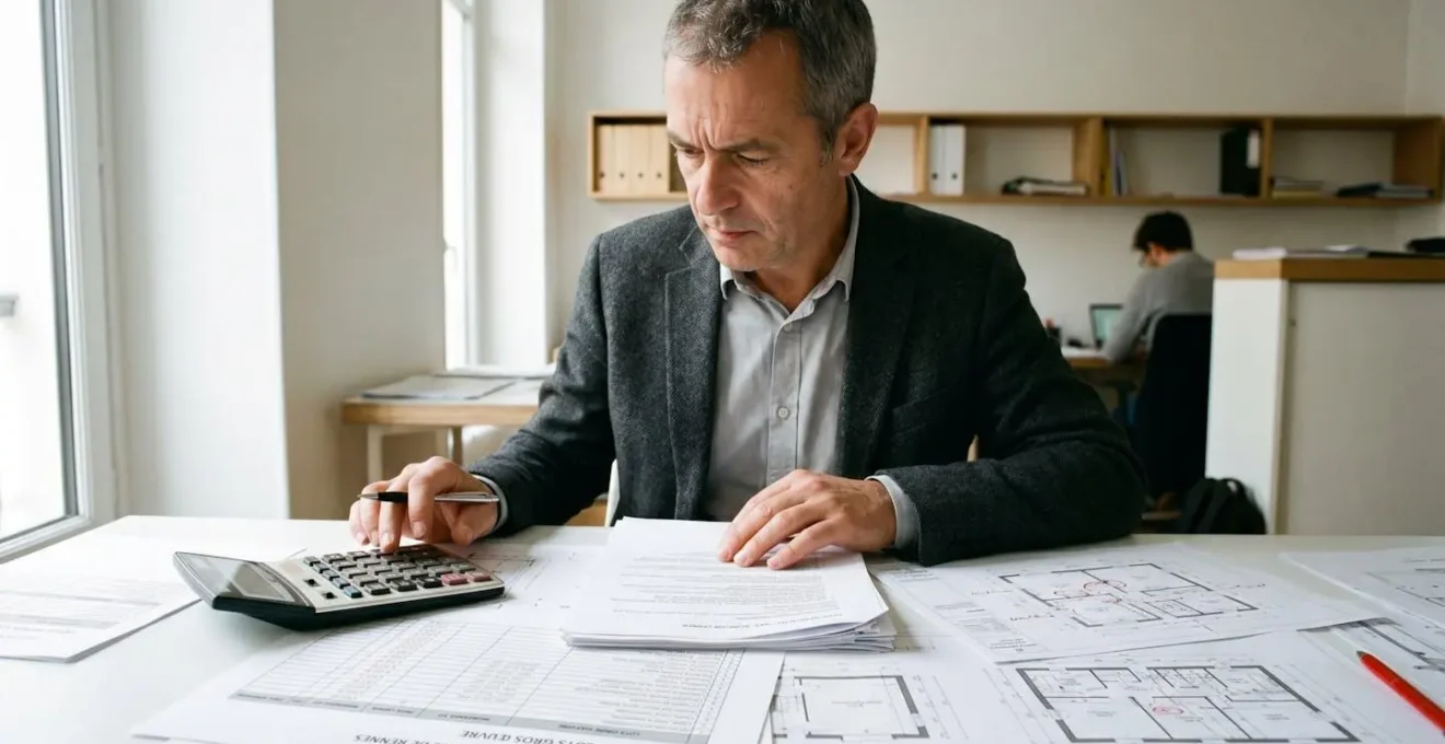 Professionnel analysant des devis de travaux dans un bureau avec calculatrice et documentation